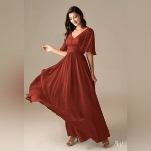 NWT Lavetir Rust A-Line V-Neck Chiffon Gown with Side Slit